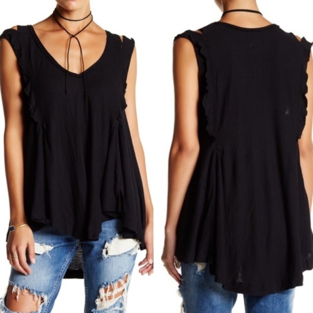 Free People Black Slit Shoulder Hi Low Ruffle Tank